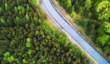 Havadan görünümü yaz orman de yol. Güzel doğal manzara--dan soluduğumuz hava. Yeşil orman ve yoldan dron bir arka plan olarak.
