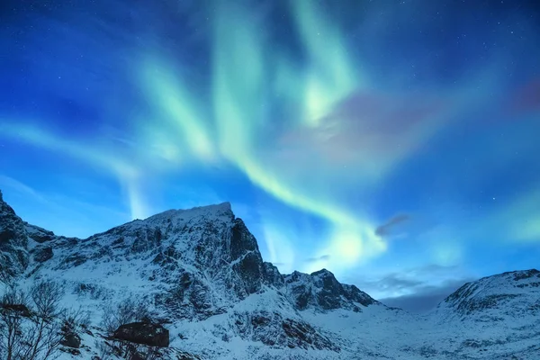 Aurora Borealis Ögruppen Lofoten Norge Grönt Norrsken Över Bergen Natthimlen — Stockfoto