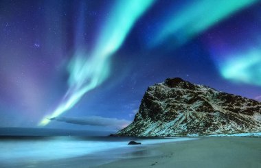 Aurora borealis Lofoten Adaları, Norveç. Yeşil dağlar ve okyanus kıyısında yukarıda Kuzey ışıkları. Aurora ve su yüzeyinde yansıma ile gece kış manzarası. Norveç'te doğal arka plan