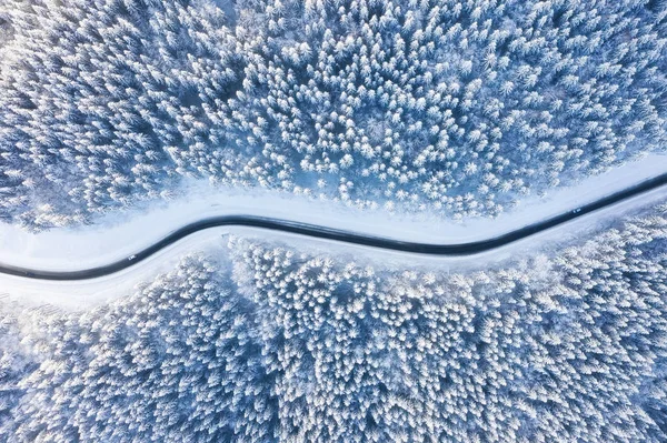 Vista Aérea Carretera Bosque Invierno Paisaje Natural Invierno Desde Aire —  Fotos de Stock