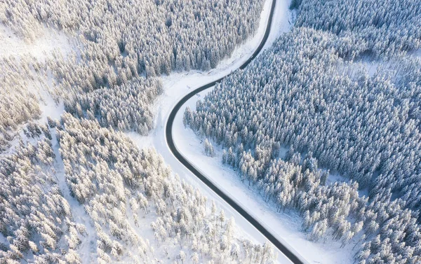 Aerial View Road Forest Winter Time Natural Winter Landscape Air — Stock Photo, Image