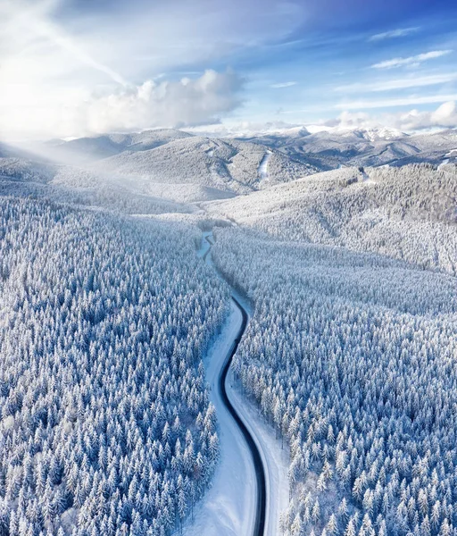 Aerial View Road Forest Winter Time Natural Winter Landscape Air — Stock Photo, Image