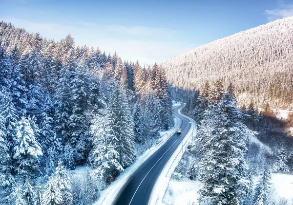 Aerial View Road Forest Winter Time Natural Winter Landscape Air — Stock Photo, Image