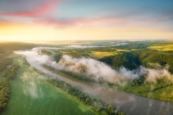 Vue Aérienne Rivière Champ Vallée Lever Soleil Paysage Aérien Paysage — Photo