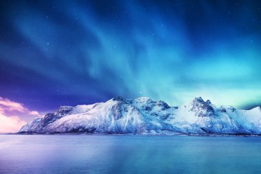 Aurora borealis Lofoten Adaları, Norveç. Dağlar yukarıda yeşil Kuzey ışıkları. Aurora ve su yüzeyinde yansıma ile gece kış manzarası. Norveç-görüntü