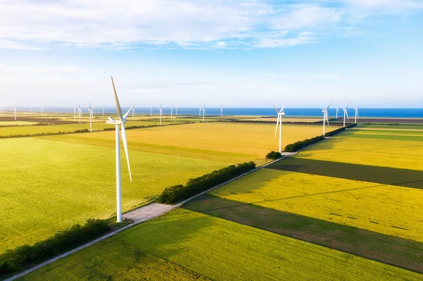 フィールド上の風力発電所 ドローンからの空中ビュー 代替エネルギー開発の概念とアイデア テクノロジー — ストック写真