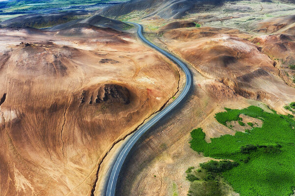 Aerial View Road Iceland Aerial Landscape Highway Geysers Valley Icelandic — Stock Photo, Image