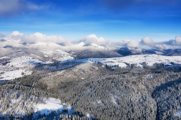 Luchtfoto Uitzicht Bergen Van Winter Bos Uit Lucht Winter Landschap — Stockfoto