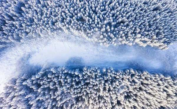 Vista Aérea Carretera Bosque Invierno Paisaje Natural Invierno Desde Aire —  Fotos de Stock