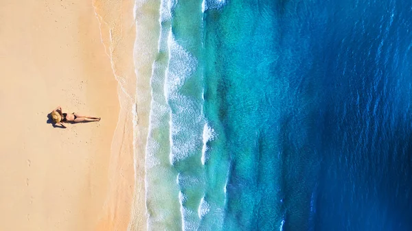 Aerial View Girl Beach Beach Turquoise Water Top View Drone — Stock Photo, Image