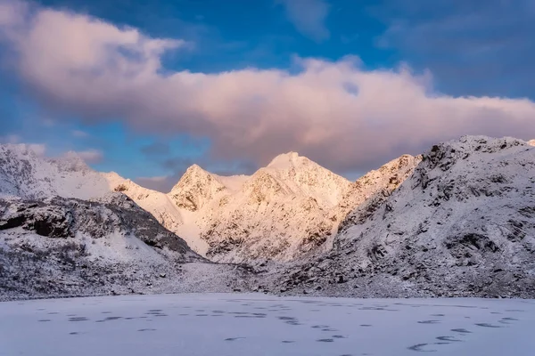 Lofoten islands, Norway. Mountains and clouds during sunset. Evening time. Winter landscape. Norway - travel