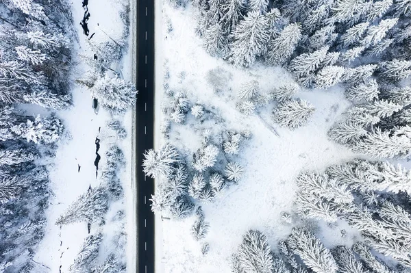 Frio Inverno Paisagem Natural Inverno Vista Aérea Estrada Floresta Inverno — Fotografia de Stock