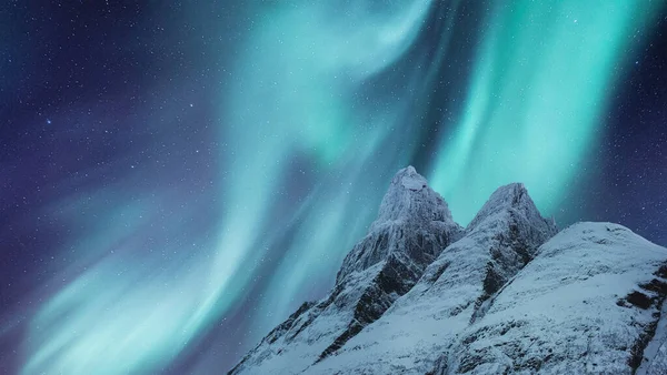 Sky Bakgrund Med Norrsken Aurora Borealis Lofoten Öarna Norge Norrsken — Stockfoto
