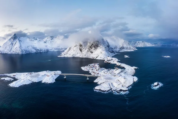 Paisagem Inverno Vista Aérea Sobre Aldeia Hamnoy Ilhas Lofoten Noruega — Fotografia de Stock