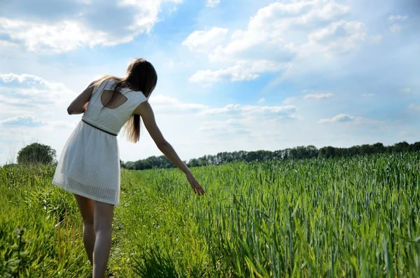 穿着白色连衣裙的年轻女子围着绿色的谷物田野 自然风光 蓝天的女性 — 图库照片