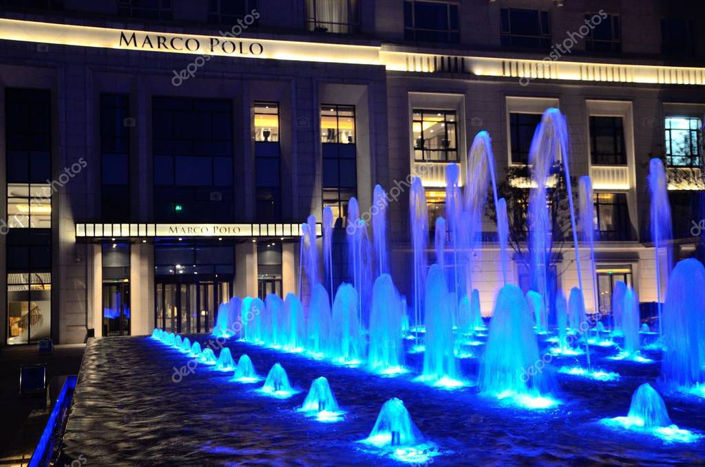 Changzhou China April Fountain Front Marco Polo Hotel Night - 