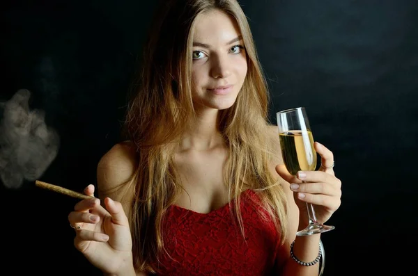 Young Female Sits Cigarillo Glas White Wine Her Hand Woman — Stock Photo, Image
