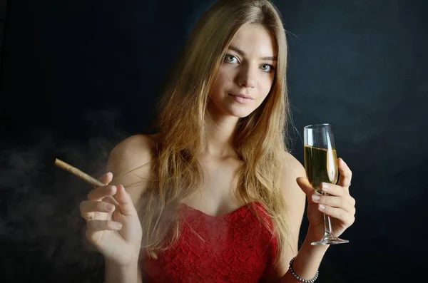 Young Female Sits Cigarillo Glas White Wine Her Hand Woman — Stock Photo, Image