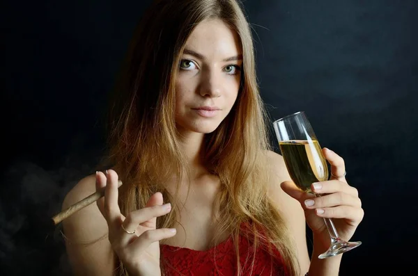 Young Female Sits Cigarillo Glas White Wine Her Hand Woman — Stock Photo, Image