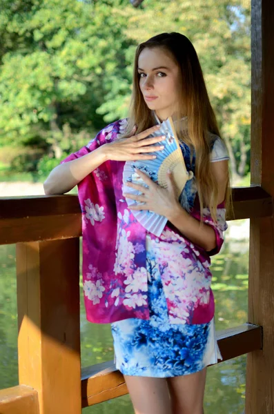 Female Model Poland Wearing Traditional Chinese Dress Blue Color Colorful — Stock Photo, Image