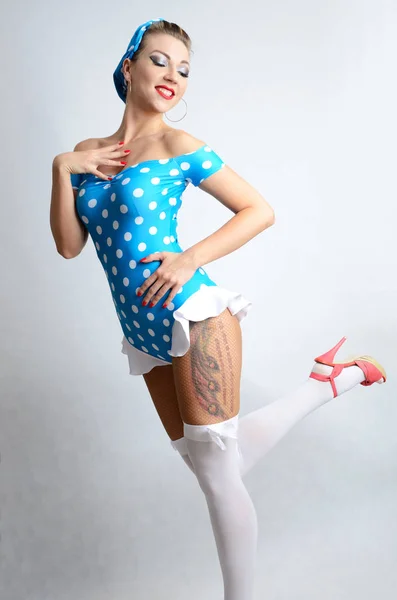 Young Girl Dancer Wearing Costume Female Model Pinup Style Blue — Stock Photo, Image