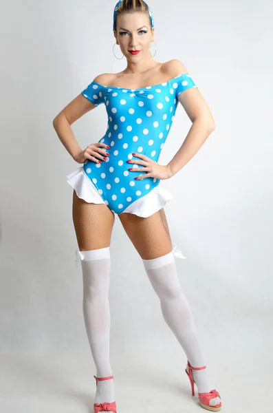 Ragazza Ballerina Costume Modello Femminile Stile Pinup Top Blu Con — Foto Stock