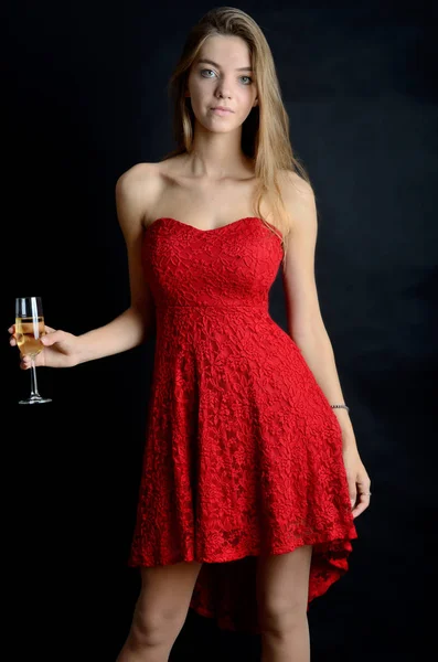 Young Woman Wearing Red Skirt Party Girl Holding Glass White — Stock Photo, Image