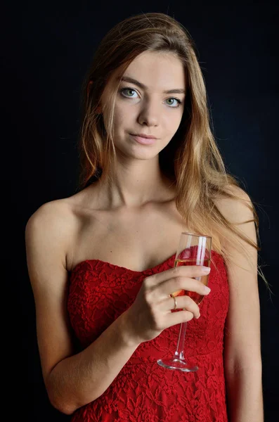 Young Woman Wearing Red Skirt Party Girl Holding Glass White — Stock Photo, Image