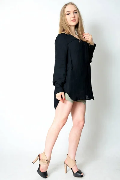 Young Female Model Ukraine Black Top Shorts Portraits Made Studio — Stock Photo, Image