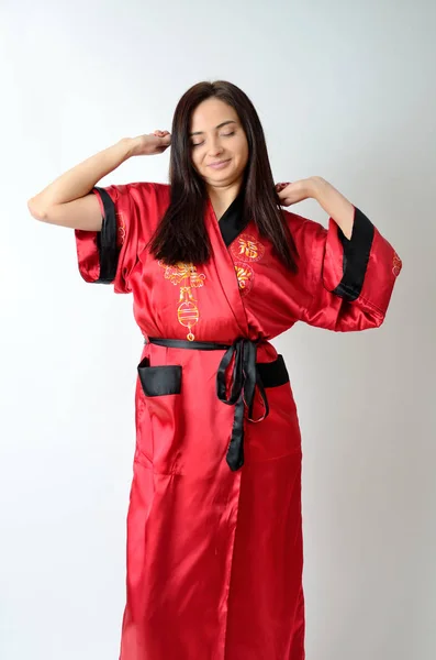 Young Female Wearing Dressing Gown White Background Awaking Morning Stretching — Stock Photo, Image