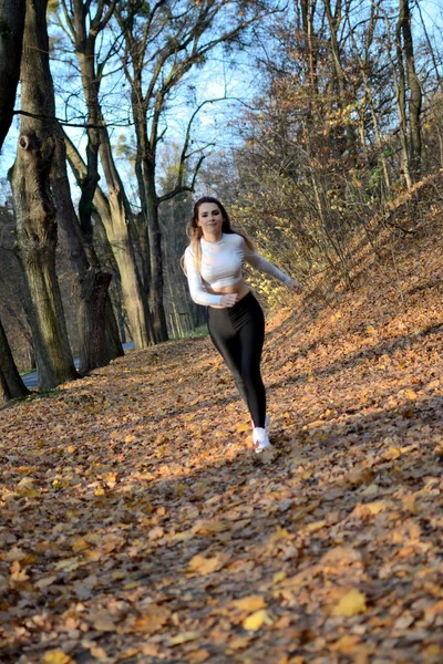 Young Girl Running Forest Blonde Female Black Leggings White Top — Stock Photo, Image