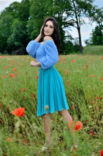 Temporada Verão Jovem Mulher Campo Papoula Linda Morena Vestindo Saia — Fotografia de Stock