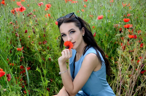 Temporada Verão Jovem Mulher Campo Papoula Linda Morena Vestindo Vestido — Fotografia de Stock