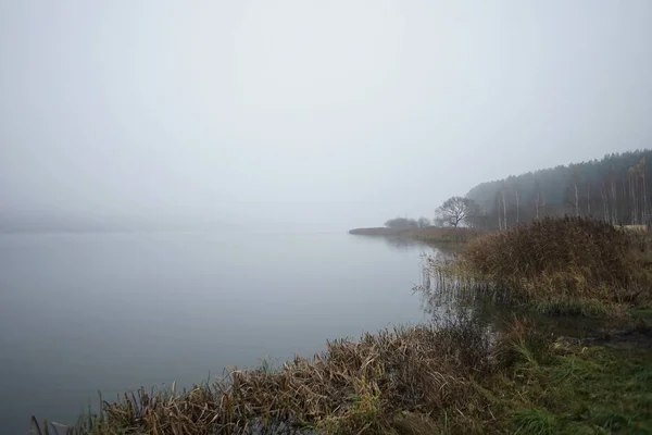 Fluss Bei Nebligem Bewölktem Wetter Der Dämmerung — Stockfoto