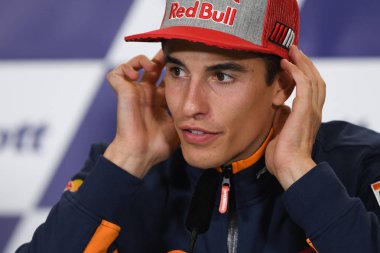 Buriram, Tayland - 6 Ekim 2018:Marc Marquez repsol honda takımı basın toplantısı BK Tayland grand prix 2018 chang Uluslararası pistinde öncesinde üzerinde 