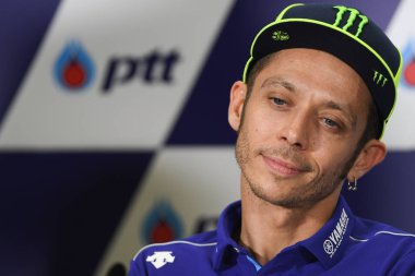 Buriram, Tayland - 6 Ekim 2018: Valentino Rossi Movista yamaha takım basın toplantısında daha önce hak BK Tayland grand prix 2018 chang Uluslararası pistinde 