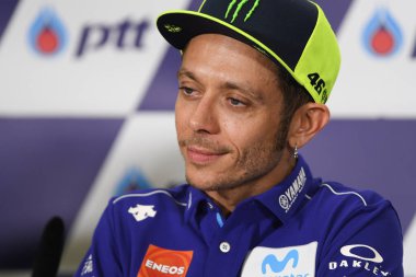 Buriram, Tayland - 6 Ekim 2018: Valentino Rossi Movista yamaha takım basın toplantısı BK Tayland grand prix 2018 chang Uluslararası pistinde öncesinde 