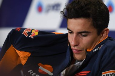 Buriram, Tayland - 6 Ekim 2018:Marc Marquez repsol honda takımı basın toplantısı BK Tayland grand prix 2018 chang Uluslararası pistinde öncesinde üzerinde 