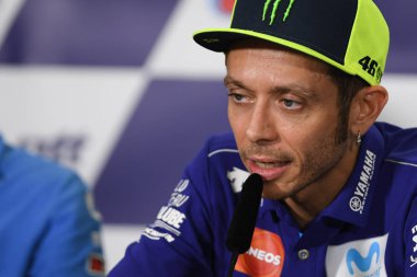 Buriram, Tayland - 6 Ekim 2018: Valentino Rossi Movista yamaha takım basın toplantısı BK Tayland grand prix 2018 chang Uluslararası pistinde öncesinde 