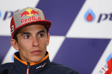 Buriram, Tayland - 6 Ekim 2018:Marc Marquez repsol honda takımı basın toplantısı BK Tayland grand prix 2018 chang Uluslararası pistinde öncesinde üzerinde 