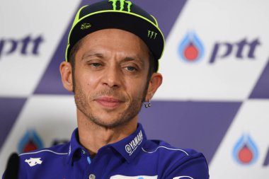 Buriram, Tayland - 6 Ekim 2018: Valentino Rossi Movista yamaha takım basın toplantısı BK Tayland grand prix 2018 chang Uluslararası pistinde öncesinde 