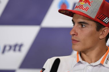Buriram, Tayland - 6 Ekim 2018:Marc Marquez repsol honda takımı basın toplantısı BK Tayland grand prix 2018 chang Uluslararası pistinde öncesinde üzerinde 