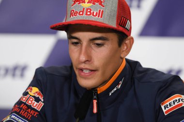 Buriram, Tayland - 6 Ekim 2018:Marc Marquez repsol honda takımı basın toplantısı BK Tayland grand prix 2018 chang Uluslararası pistinde öncesinde üzerinde 