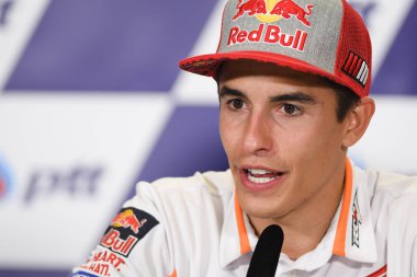 Buriram, Tayland - 6 Ekim 2018:Marc Marquez repsol honda takımı basın toplantısı BK Tayland grand prix 2018 chang Uluslararası pistinde öncesinde üzerinde 