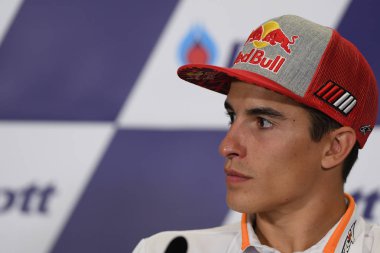 Buriram, Tayland - 6 Ekim 2018:Marc Marquez repsol honda takımı basın toplantısı BK Tayland grand prix 2018 chang Uluslararası pistinde öncesinde üzerinde 