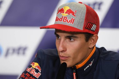 Buriram, Tayland - 6 Ekim 2018:Marc Marquez repsol honda takımı basın toplantısı BK Tayland grand prix 2018 chang Uluslararası pistinde öncesinde üzerinde 