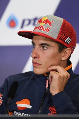 Buriram, Tayland - 6 Ekim 2018:Marc Marquez repsol honda takımı basın toplantısı BK Tayland grand prix 2018 chang Uluslararası pistinde öncesinde üzerinde 
