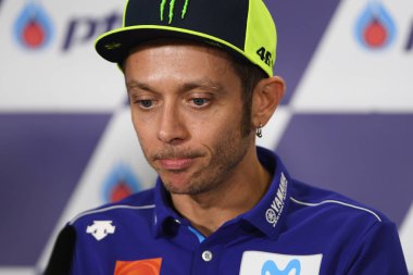 Buriram, Tayland - 6 Ekim 2018: Valentino Rossi Movista yamaha takım basın toplantısında daha önce hak BK Tayland grand prix 2018 chang Uluslararası pistinde 