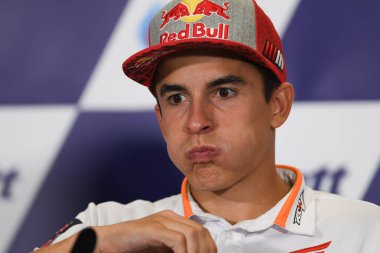 Buriram, Tayland - 6 Ekim 2018:Marc Marquez repsol honda takımı basın toplantısı BK Tayland grand prix 2018 chang Uluslararası pistinde öncesinde üzerinde 