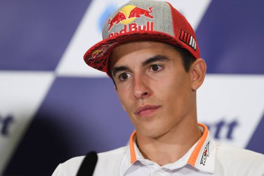 Buriram, Tayland - 6 Ekim 2018:Marc Marquez repsol honda takımı basın toplantısı BK Tayland grand prix 2018 chang Uluslararası pistinde öncesinde üzerinde 